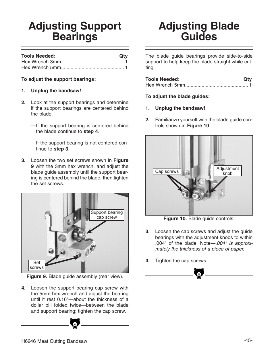 Adjusting blade guides, Adjusting support bearings | Grizzly H6246 User Manual | Page 17 / 40