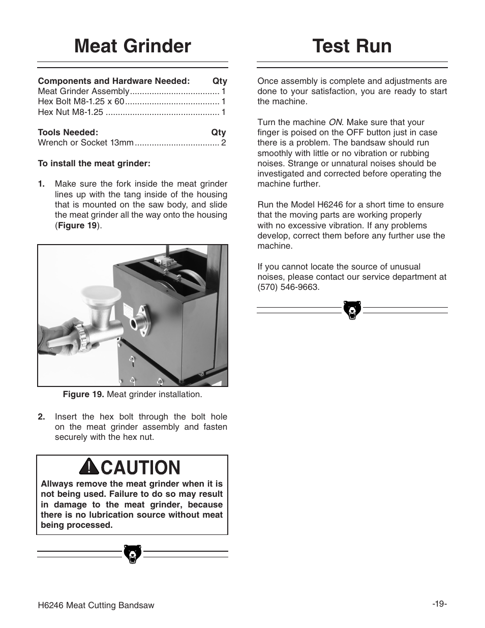 Test run, Meat grinder | Grizzly H6246 User Manual | Page 21 / 40