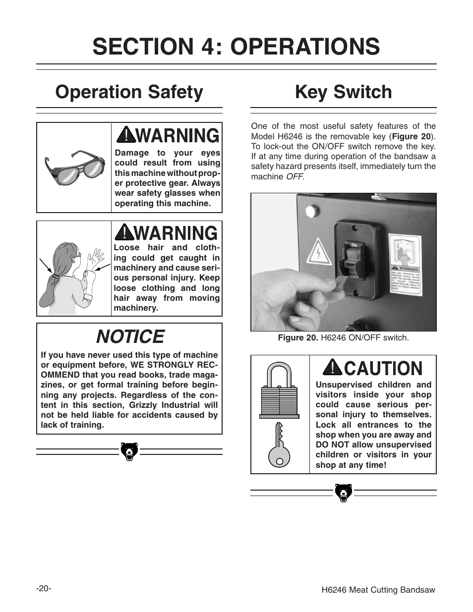 Key switch operation safety, Notice | Grizzly H6246 User Manual | Page 22 / 40