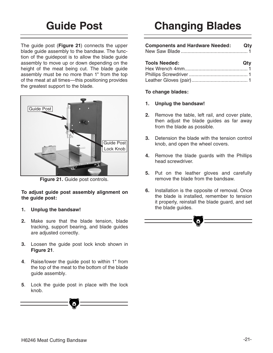 Guide post, Changing blades | Grizzly H6246 User Manual | Page 23 / 40