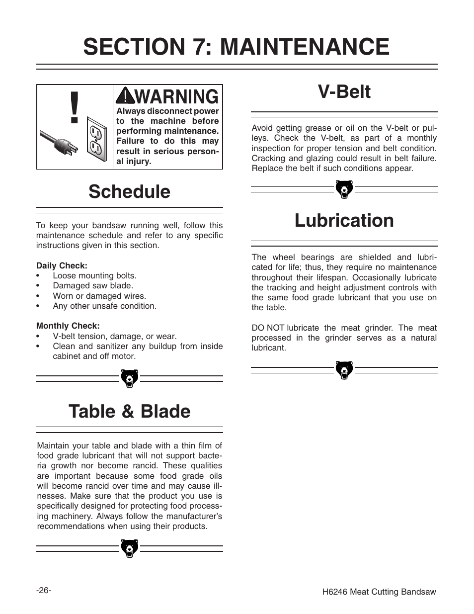 Table & blade, Schedule v-belt, Lubrication | Grizzly H6246 User Manual | Page 28 / 40