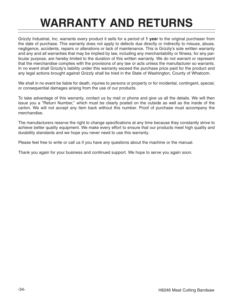 Warranty and returns | Grizzly H6246 User Manual | Page 36 / 40