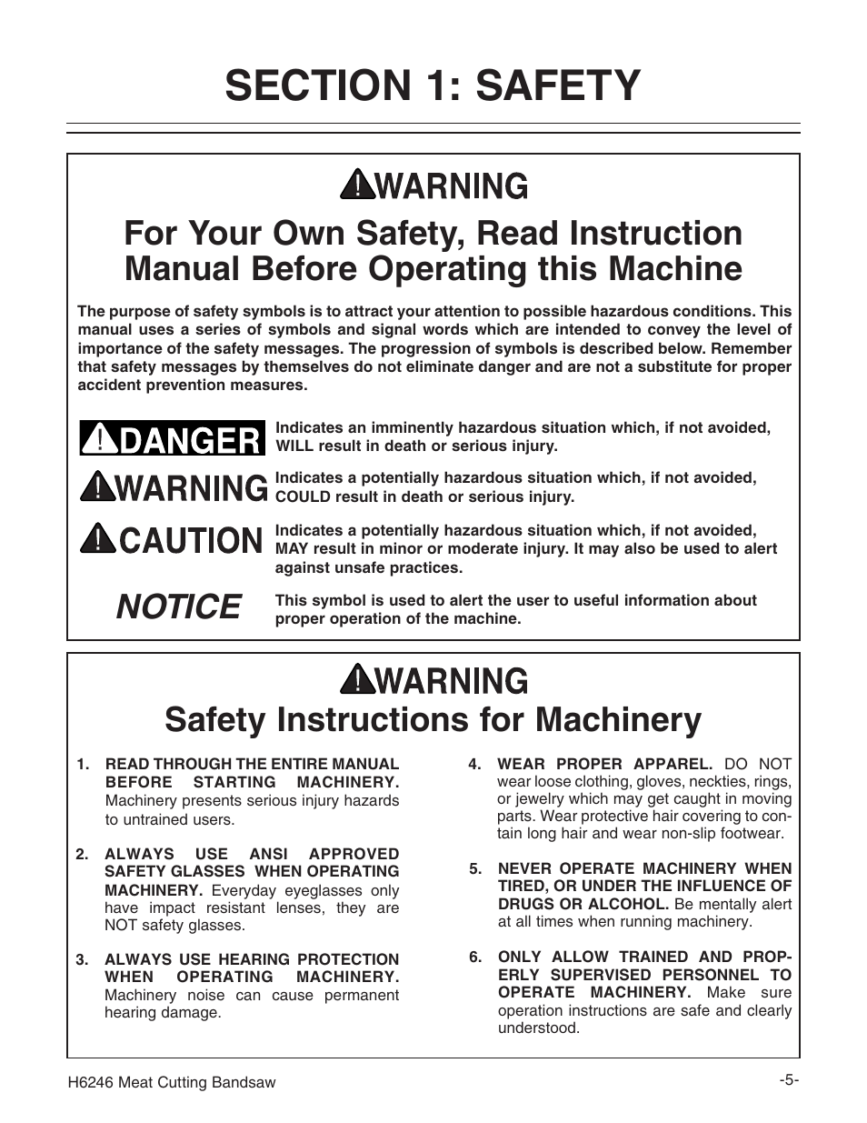 Notice safety instructions for machinery | Grizzly H6246 User Manual | Page 7 / 40