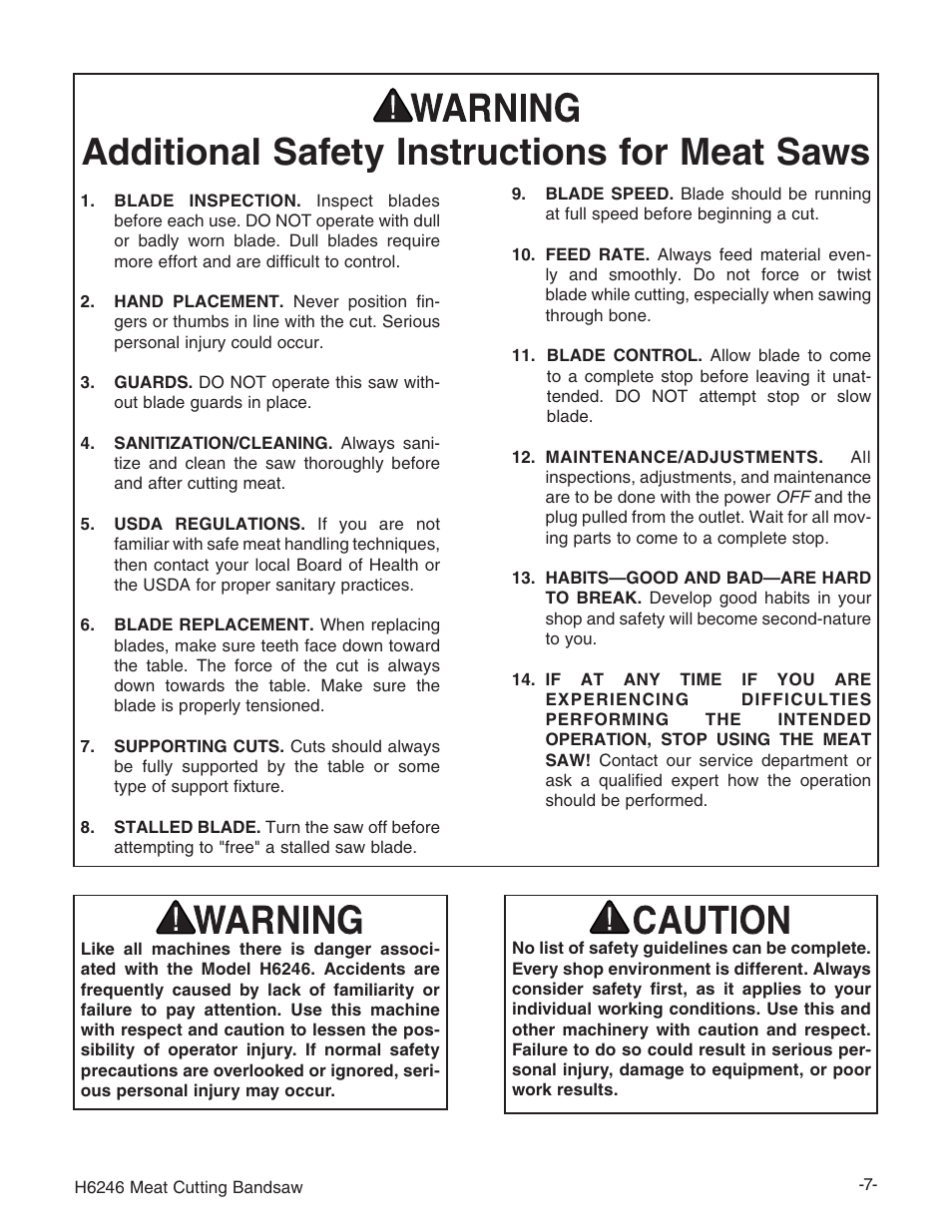 Additional safety instructions for meat saws | Grizzly H6246 User Manual | Page 9 / 40