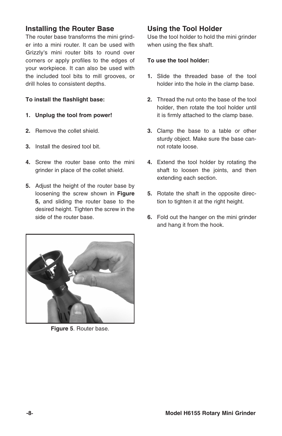 Installing the router base, Using the tool holder | Grizzly Rotary Mini with Flex Shaft H6155 User Manual | Page 10 / 16