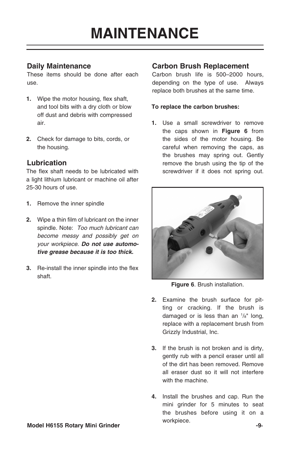 Maintenance, Carbon brush replacement, Daily maintenance | Lubrication | Grizzly Rotary Mini with Flex Shaft H6155 User Manual | Page 11 / 16