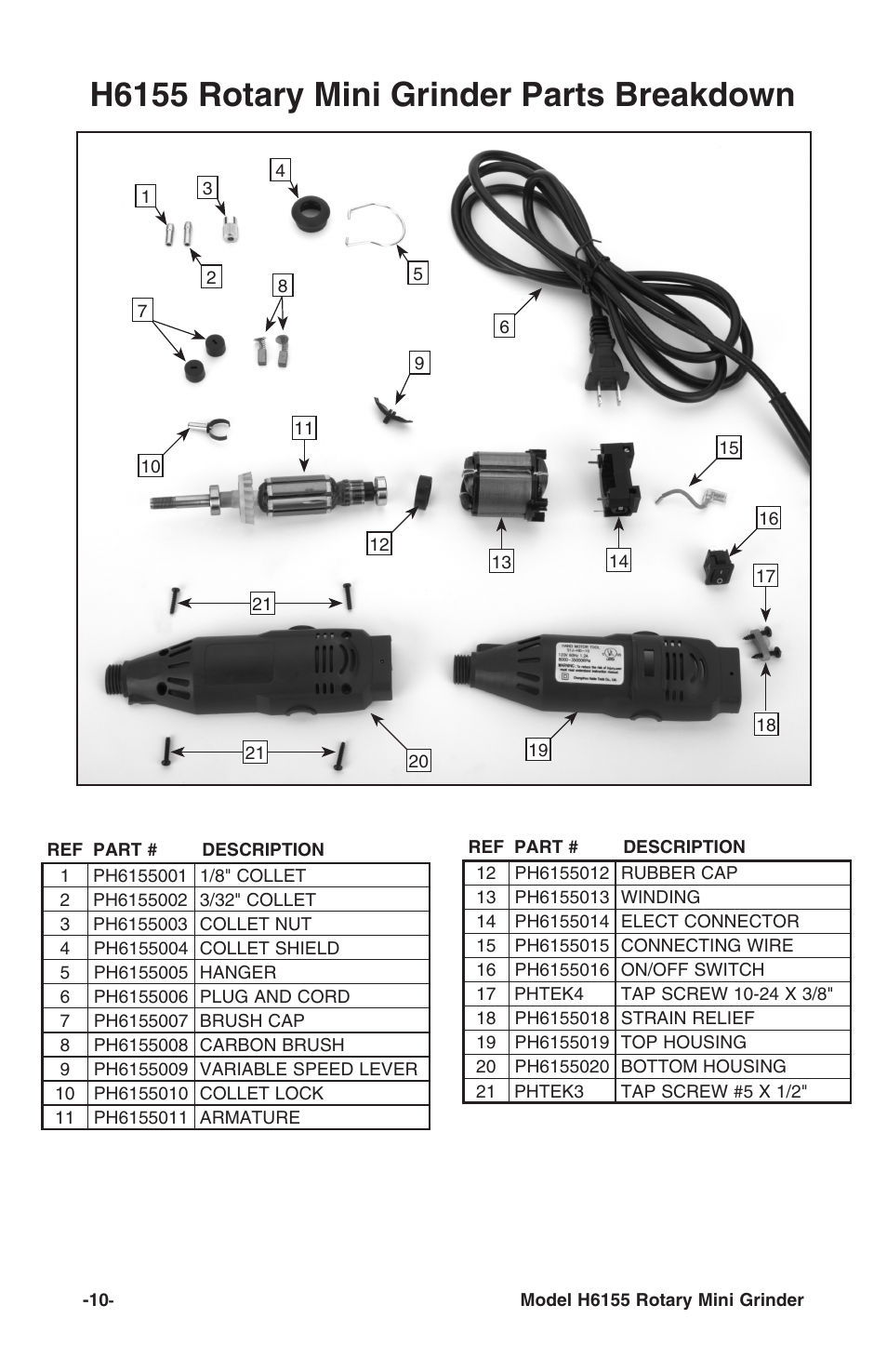 H6155 rotary mini grinder parts breakdown | Grizzly Rotary Mini with Flex Shaft H6155 User Manual | Page 12 / 16