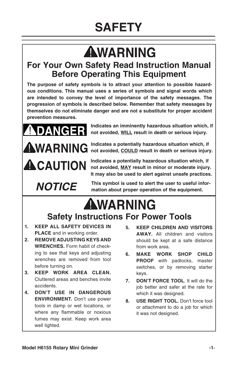 Safety, Notice, Safety instructions for power tools | Grizzly Rotary Mini with Flex Shaft H6155 User Manual | Page 3 / 16