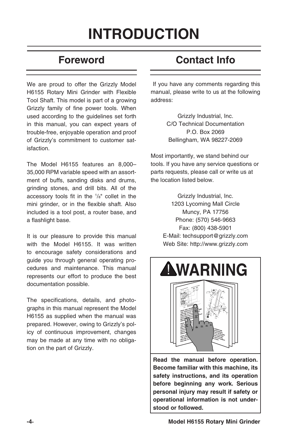 Introduction, Foreword contact info | Grizzly Rotary Mini with Flex Shaft H6155 User Manual | Page 6 / 16