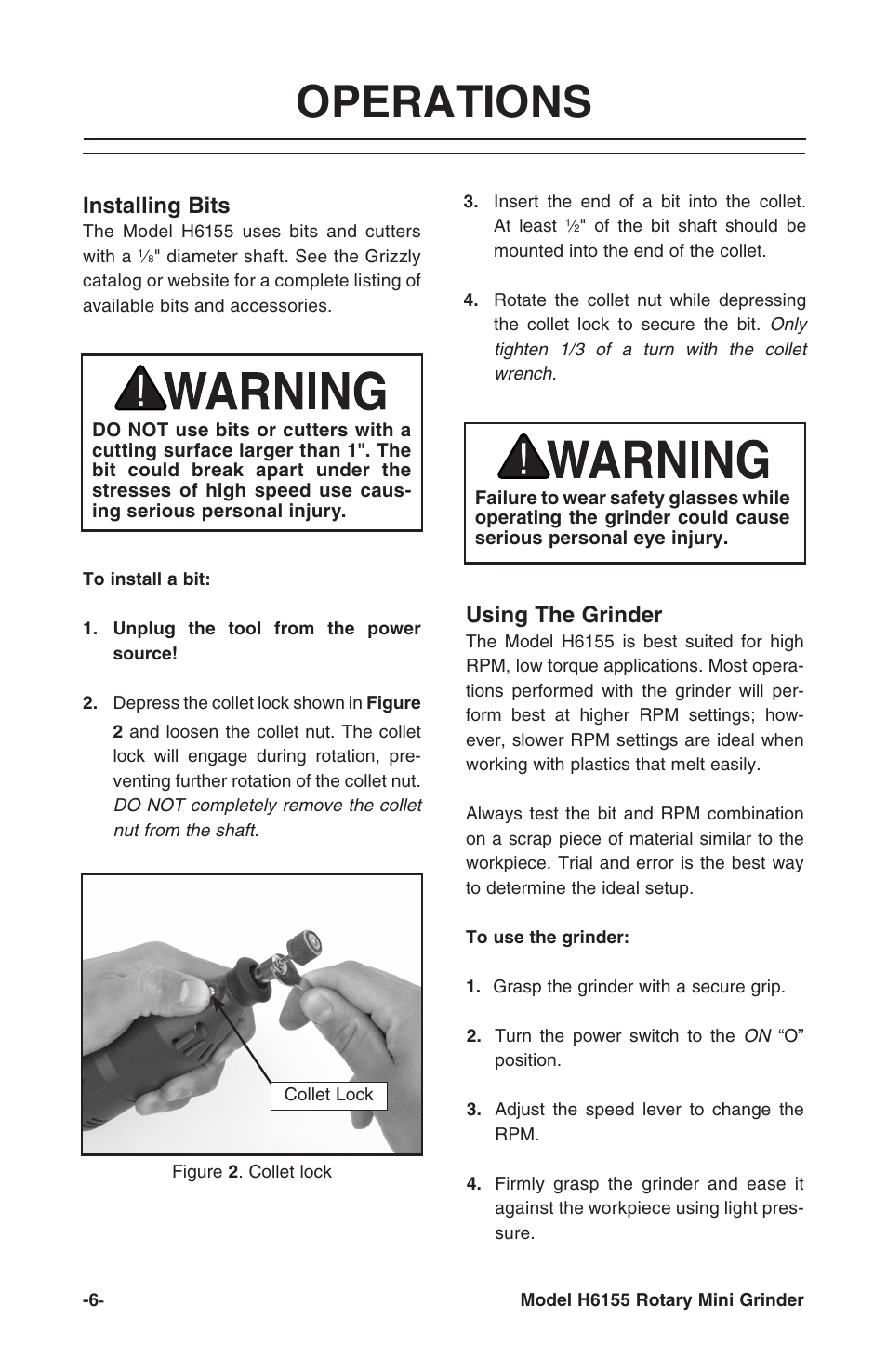 Operations, Using the grinder, Installing bits | Grizzly Rotary Mini with Flex Shaft H6155 User Manual | Page 8 / 16