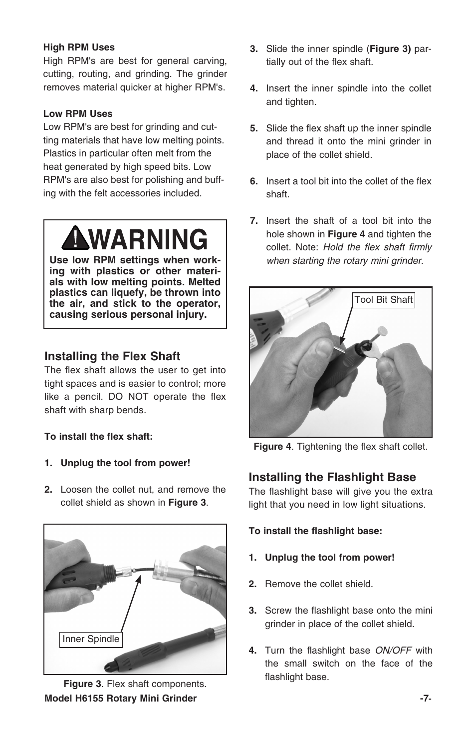 Installing the flex shaft, Installing the flashlight base | Grizzly Rotary Mini with Flex Shaft H6155 User Manual | Page 9 / 16