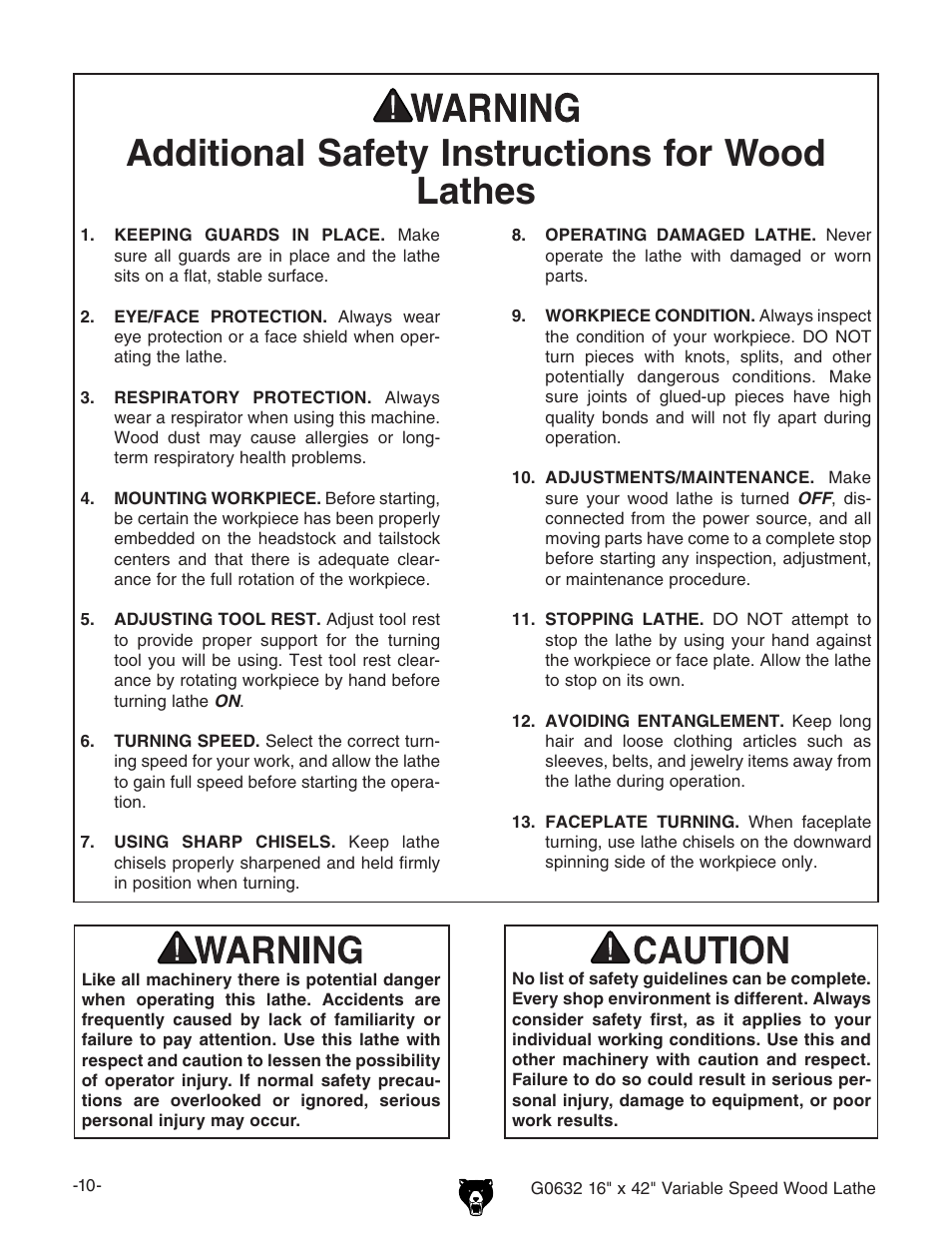 Additional safety instructions for wood lathes | Grizzly G0632 User Manual | Page 12 / 56