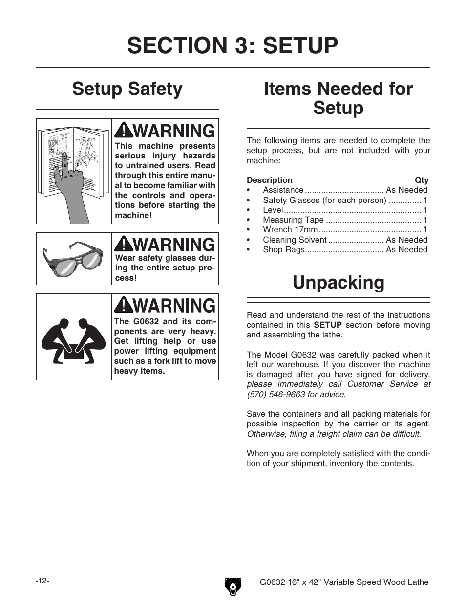 Setup safety, Items needed for setup, Unpacking | Grizzly G0632 User Manual | Page 14 / 56