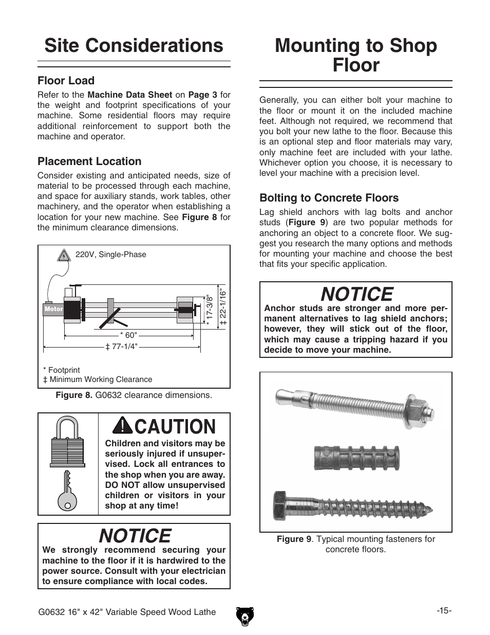 Site considerations, Notice, Mounting to shop floor | Grizzly G0632 User Manual | Page 17 / 56