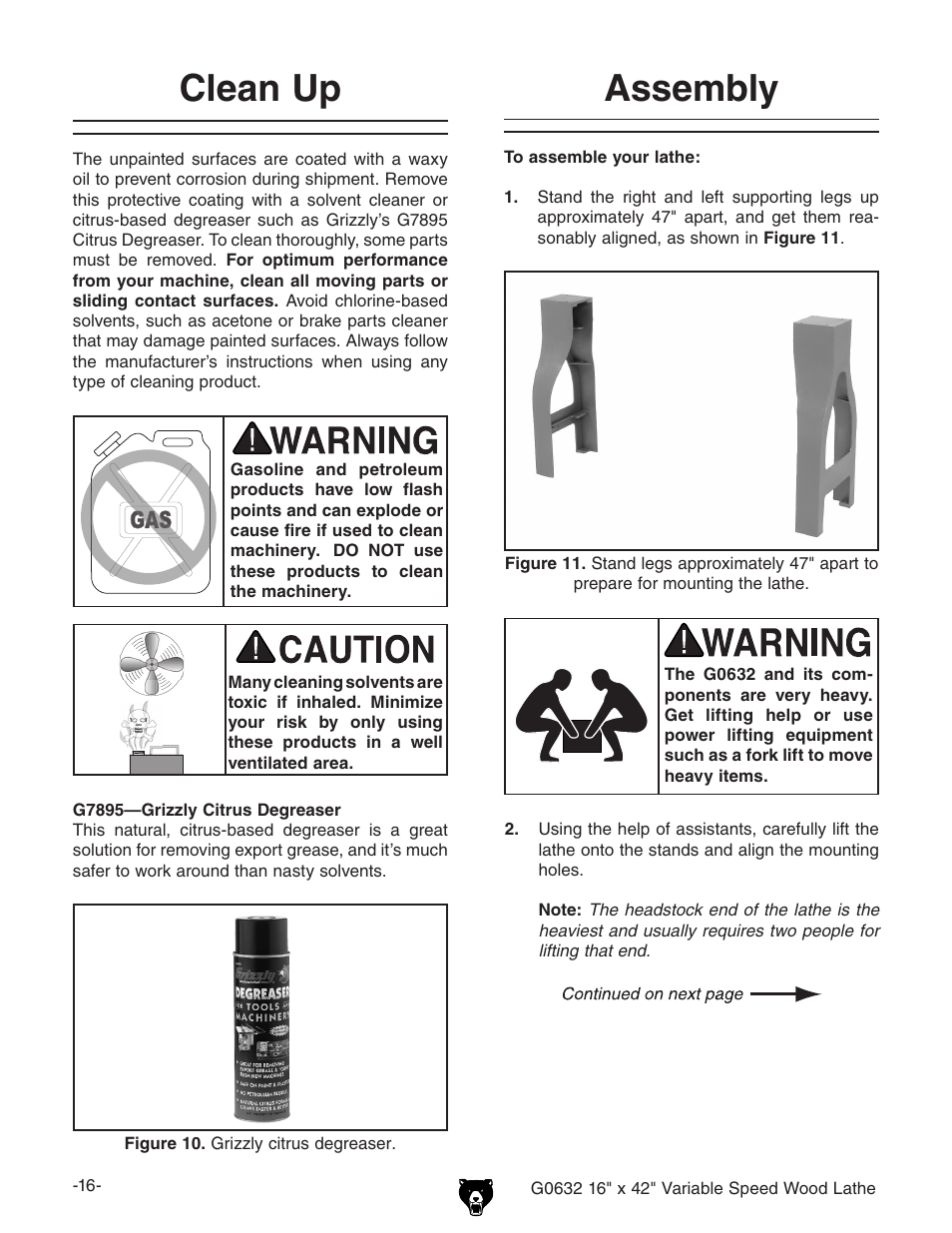 Clean up, Assembly | Grizzly G0632 User Manual | Page 18 / 56