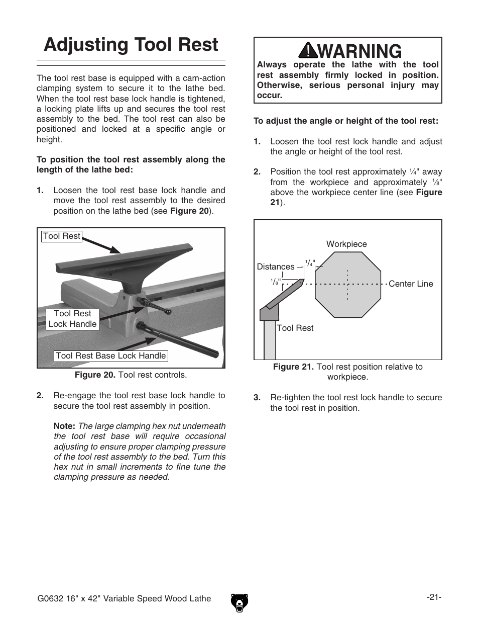 Adjusting tool rest | Grizzly G0632 User Manual | Page 23 / 56