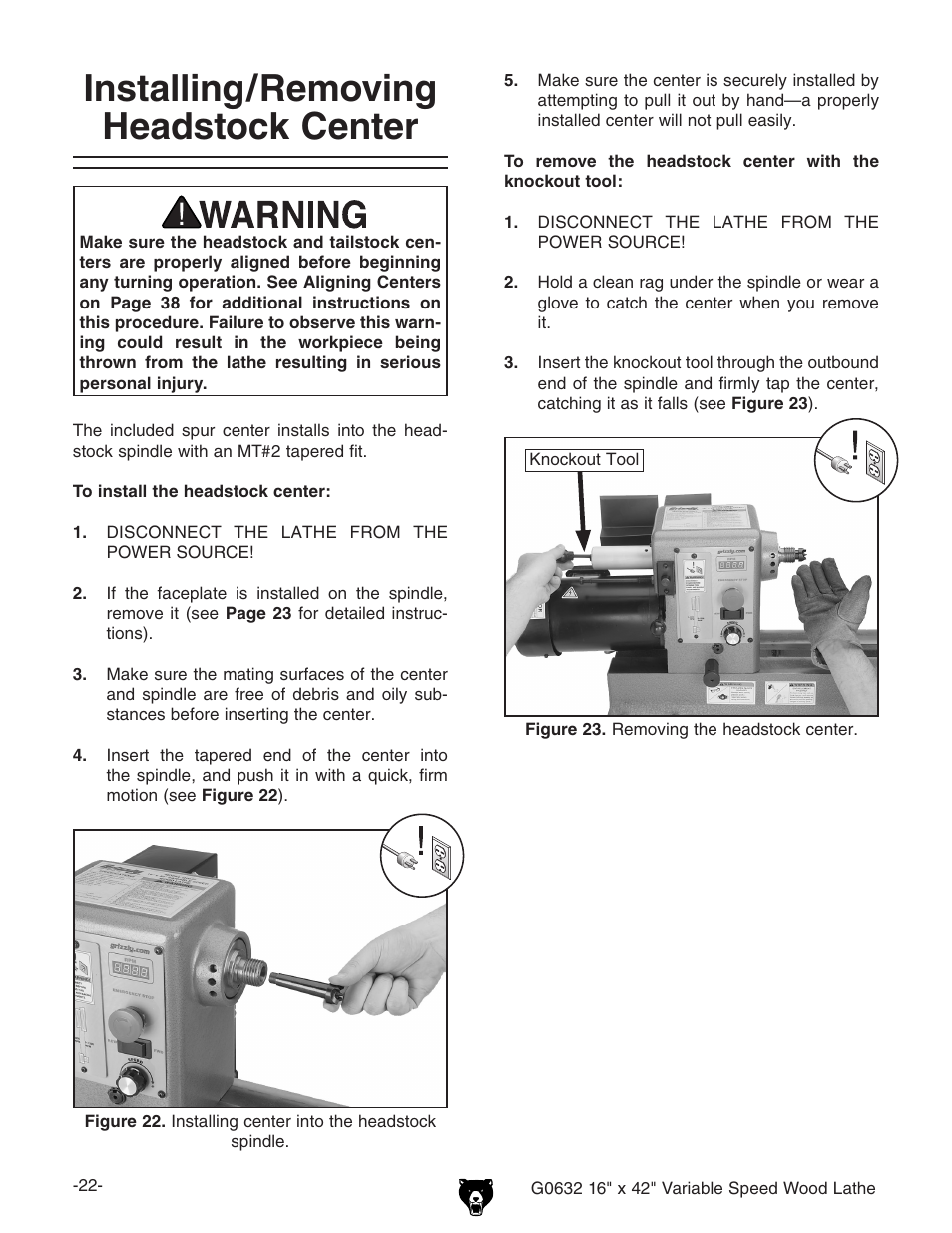 Installing/removing headstock center | Grizzly G0632 User Manual | Page 24 / 56
