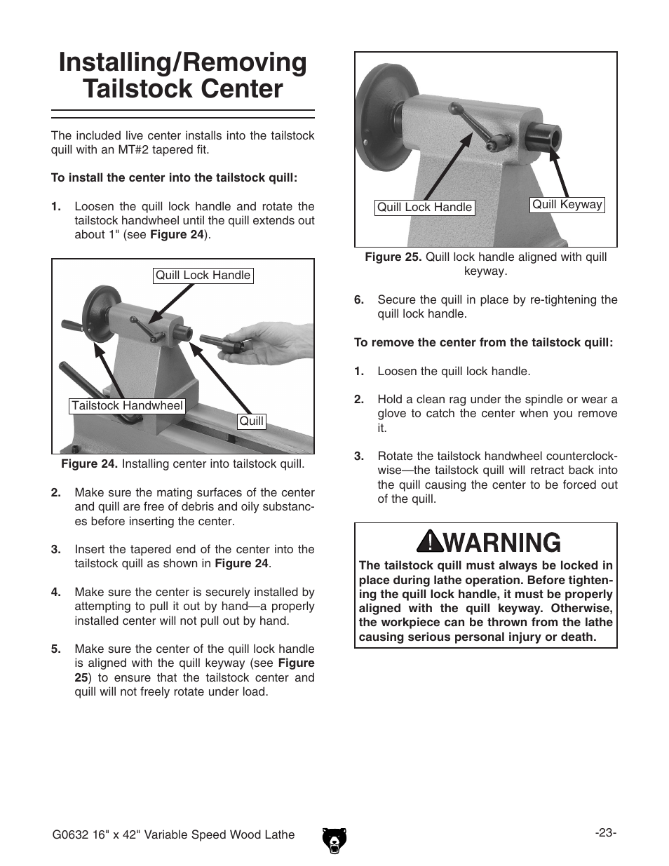 Installing/removing tailstock center | Grizzly G0632 User Manual | Page 25 / 56