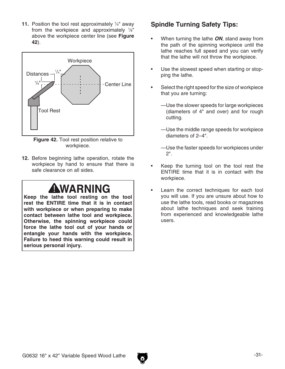 Spindle turning safety tips | Grizzly G0632 User Manual | Page 33 / 56