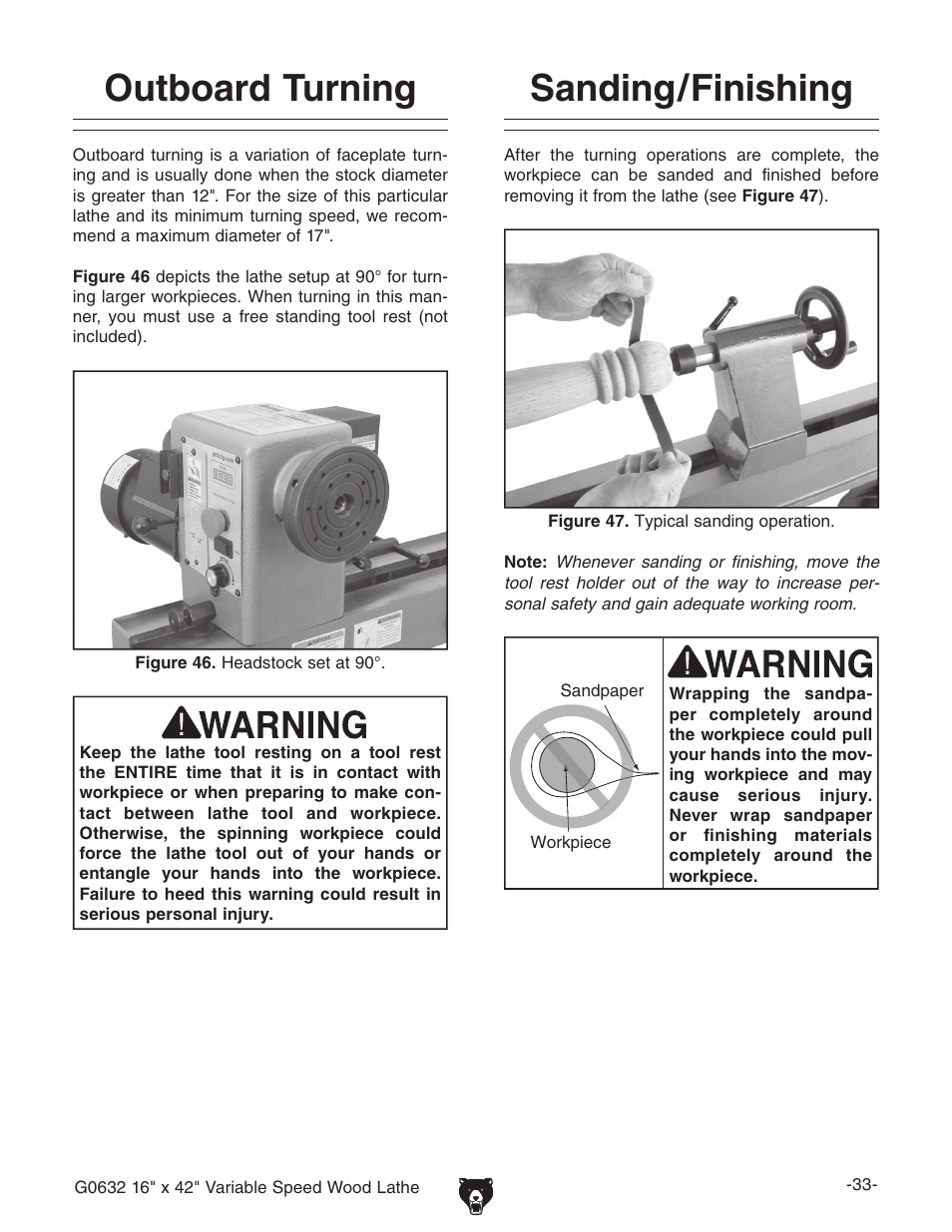 Outboard turning, Sanding/finishing | Grizzly G0632 User Manual | Page 35 / 56