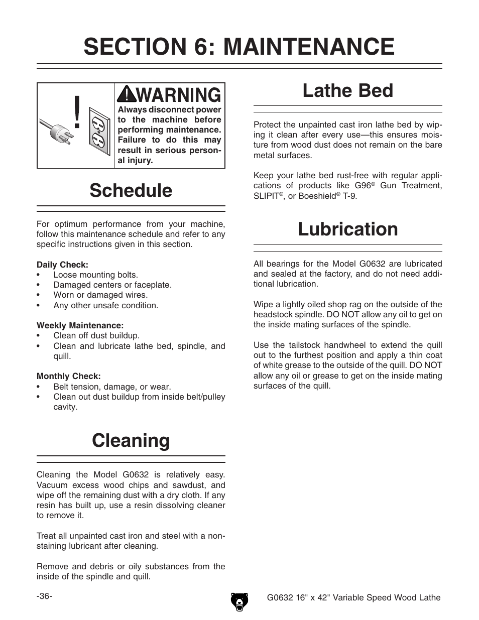 Schedule, Cleaning, Lathe bed lubrication | Grizzly G0632 User Manual | Page 38 / 56