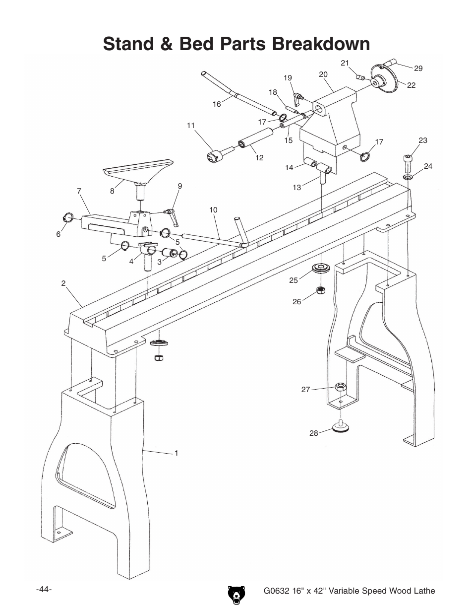 Stand & bed parts breakdown | Grizzly G0632 User Manual | Page 46 / 56