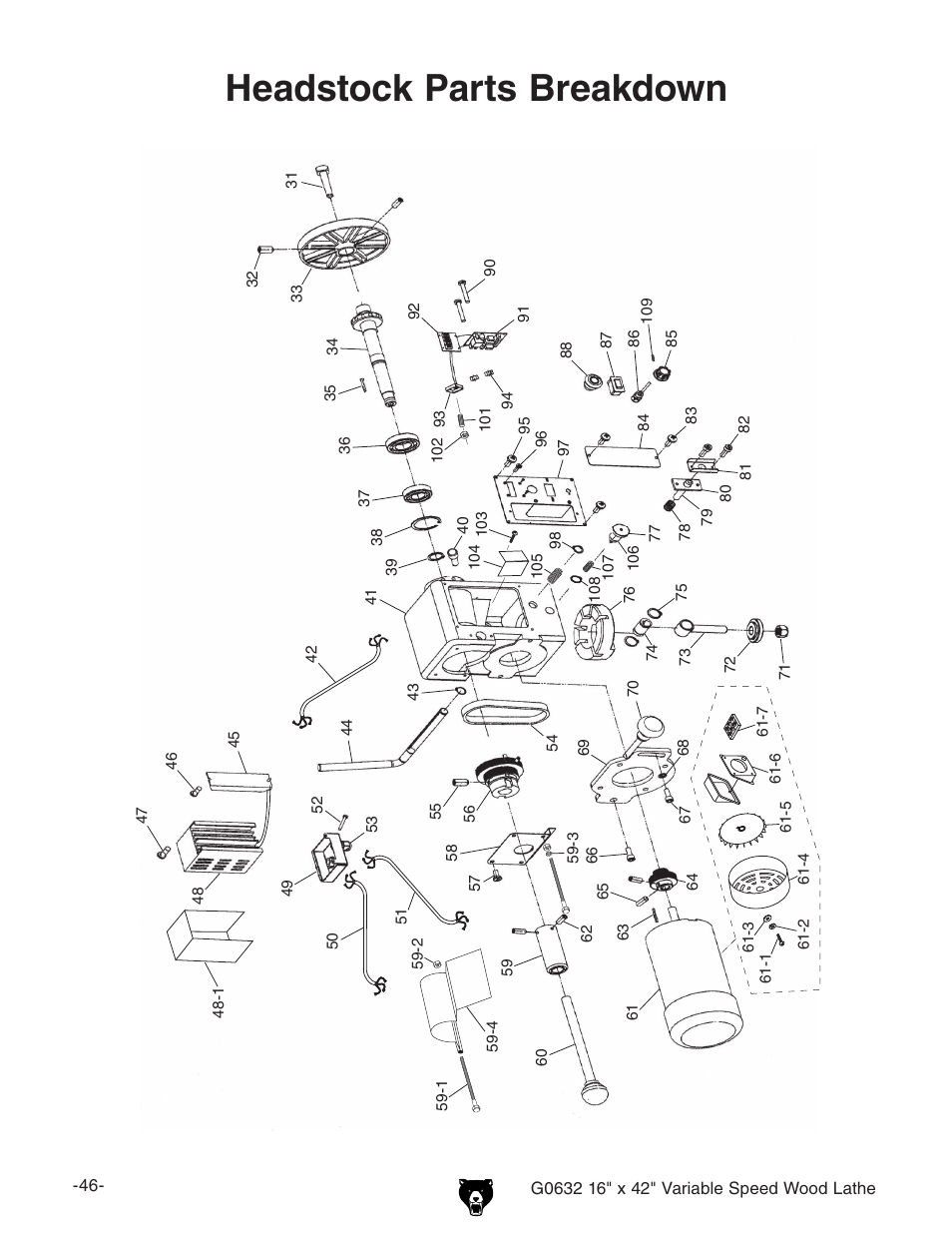 Headstock parts breakdown | Grizzly G0632 User Manual | Page 48 / 56