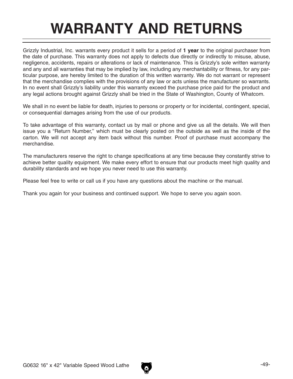 Warranty and returns | Grizzly G0632 User Manual | Page 51 / 56