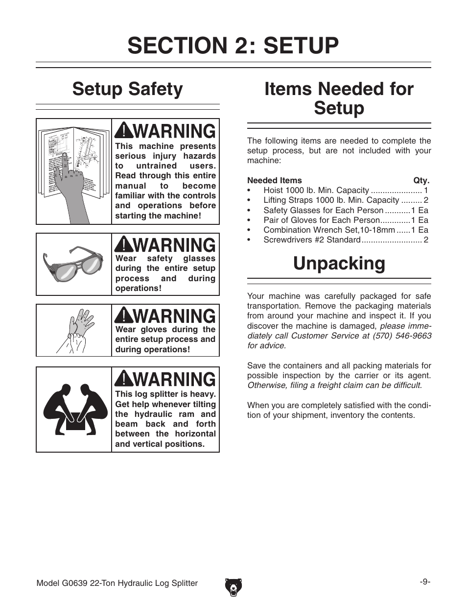 Setup safety, Items needed for setup, Unpacking | Grizzly G0639 User Manual | Page 11 / 32