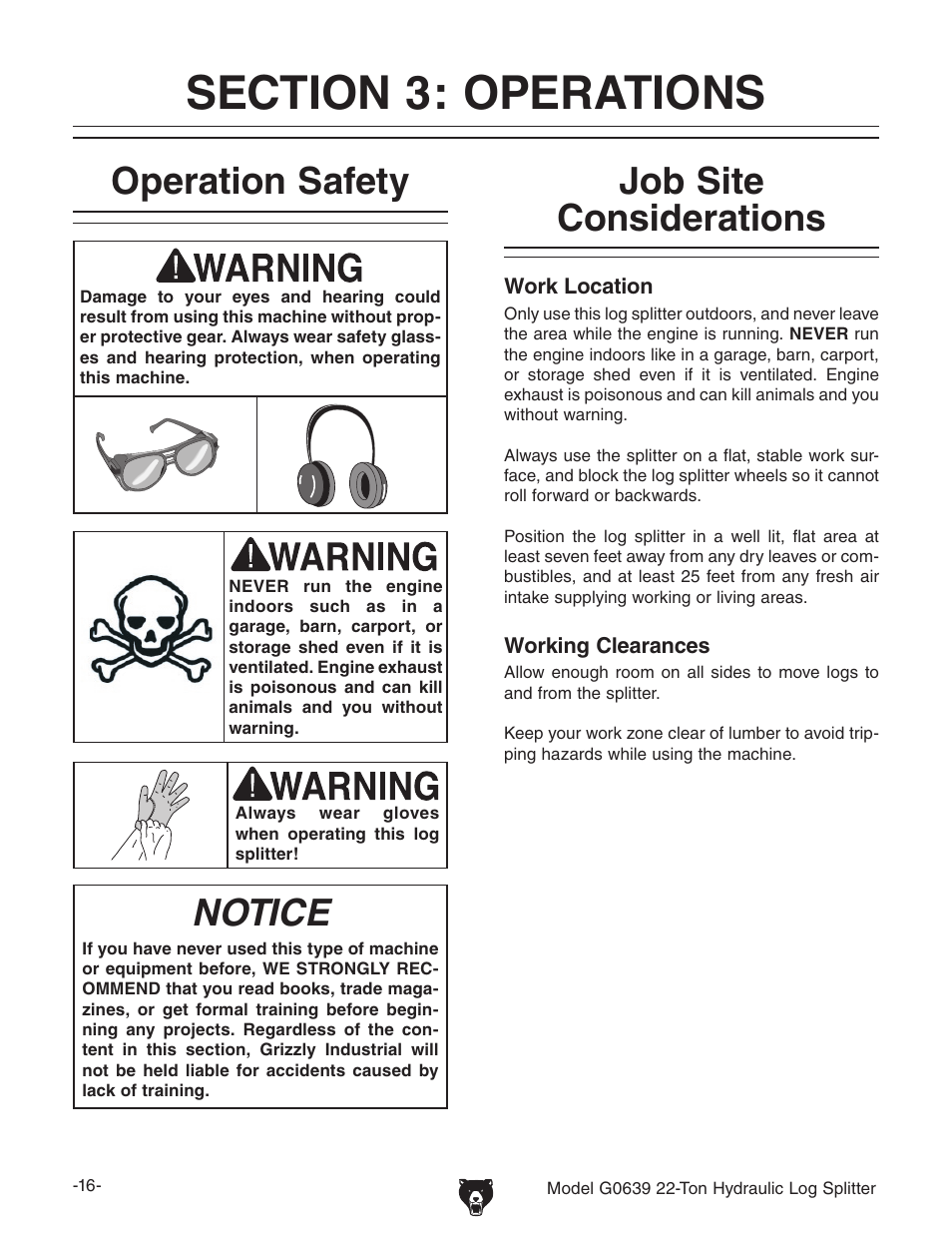 Operation safety, Notice, Job site considerations | Grizzly G0639 User Manual | Page 18 / 32