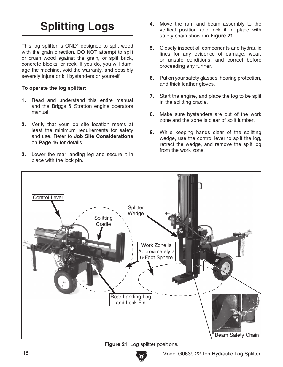 Splitting logs | Grizzly G0639 User Manual | Page 20 / 32