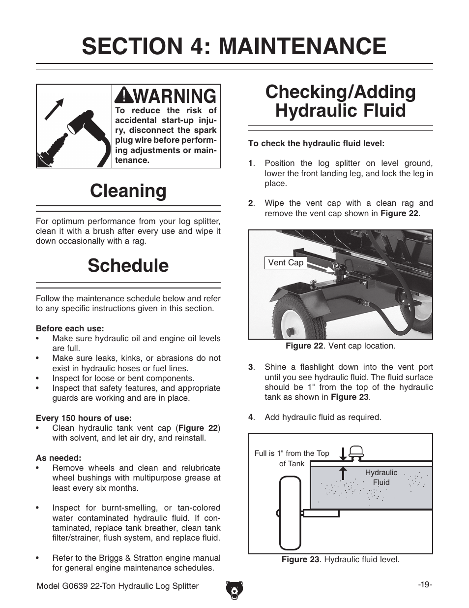 Schedule checking/adding hydraulic fluid, Cleaning | Grizzly G0639 User Manual | Page 21 / 32