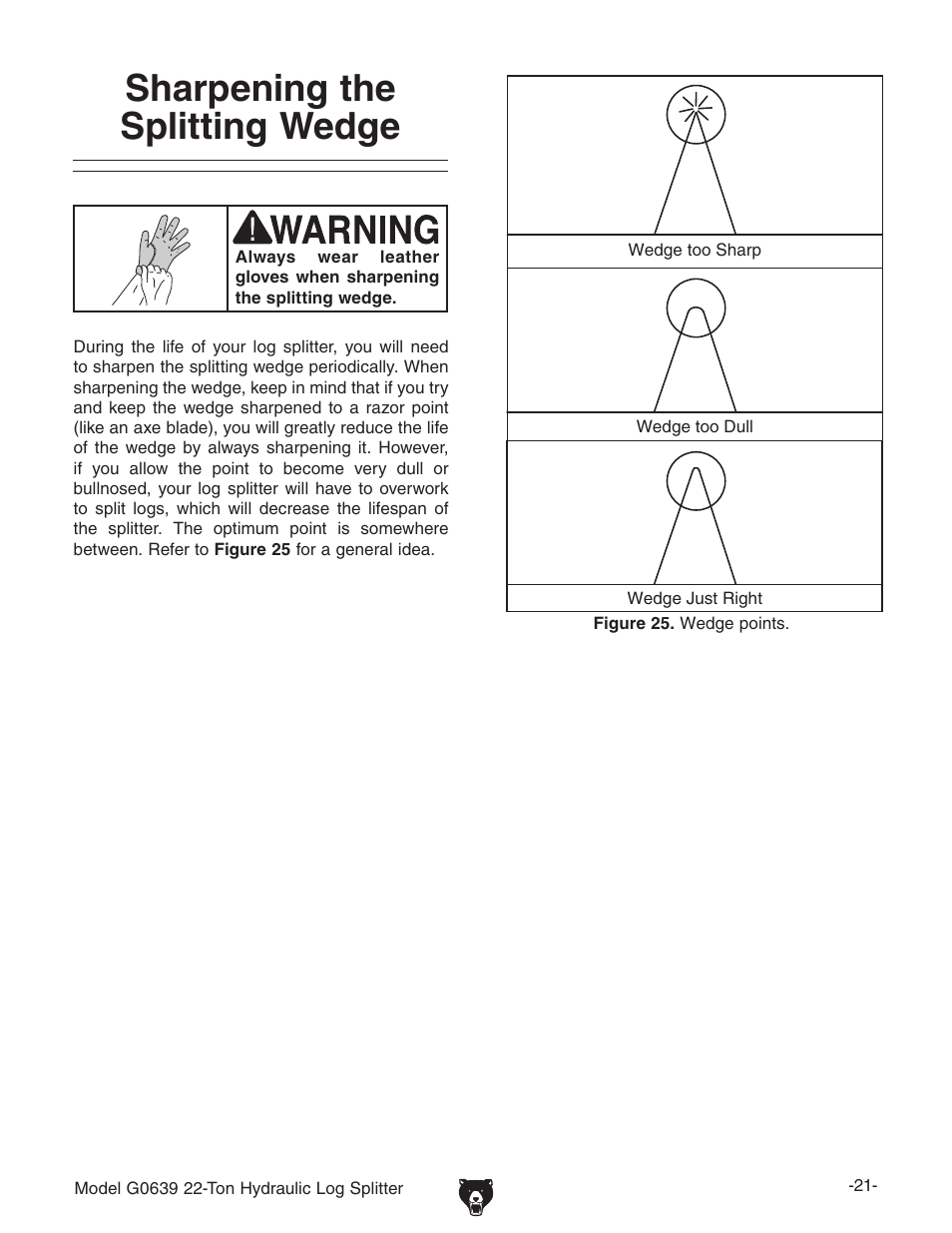 Sharpening the splitting wedge | Grizzly G0639 User Manual | Page 23 / 32