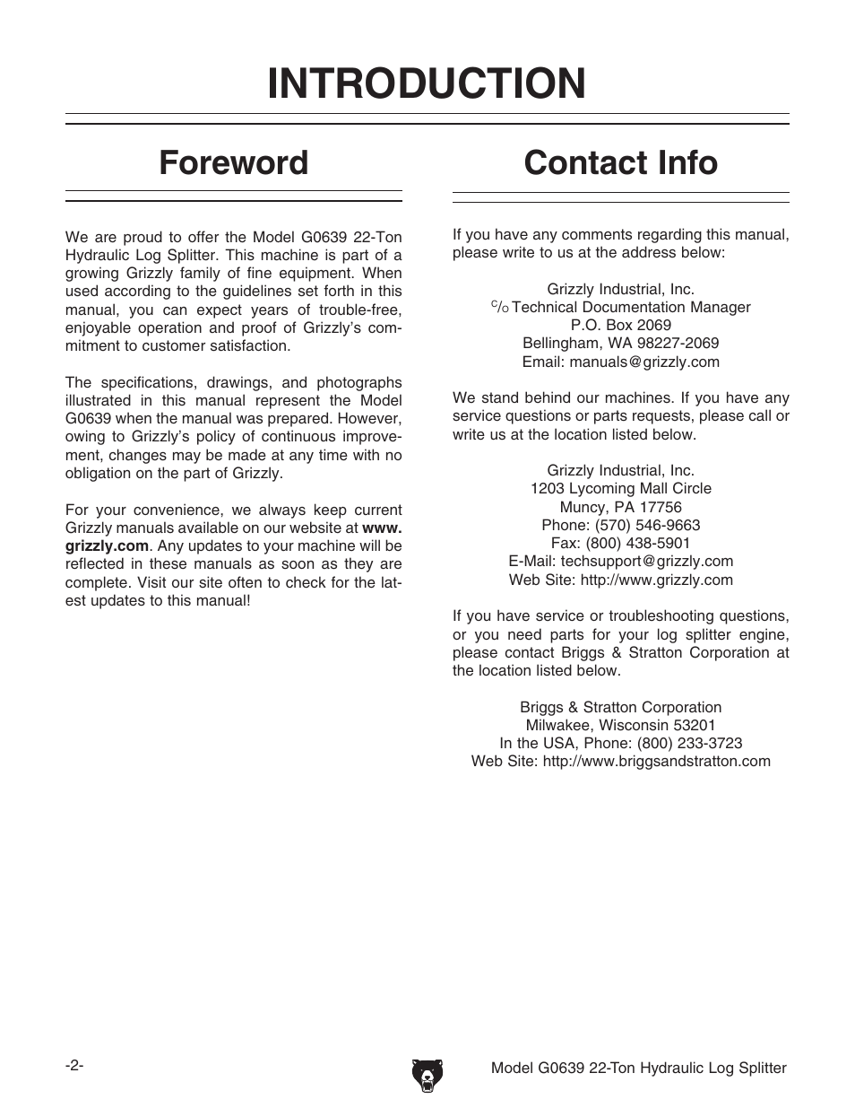 Introduction, Foreword, Contact info | Grizzly G0639 User Manual | Page 4 / 32
