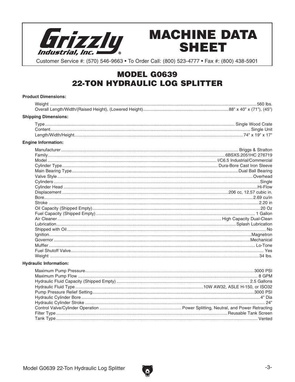 Machine data sheet, Data sheet | Grizzly G0639 User Manual | Page 5 / 32
