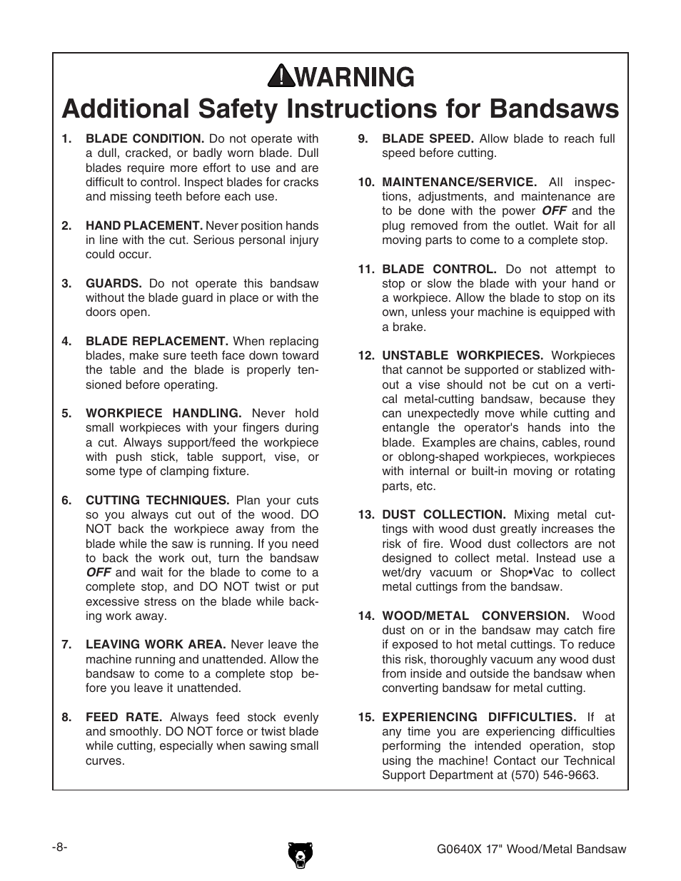 Additional safety instructions for bandsaws | Grizzly G0640X User Manual | Page 10 / 64