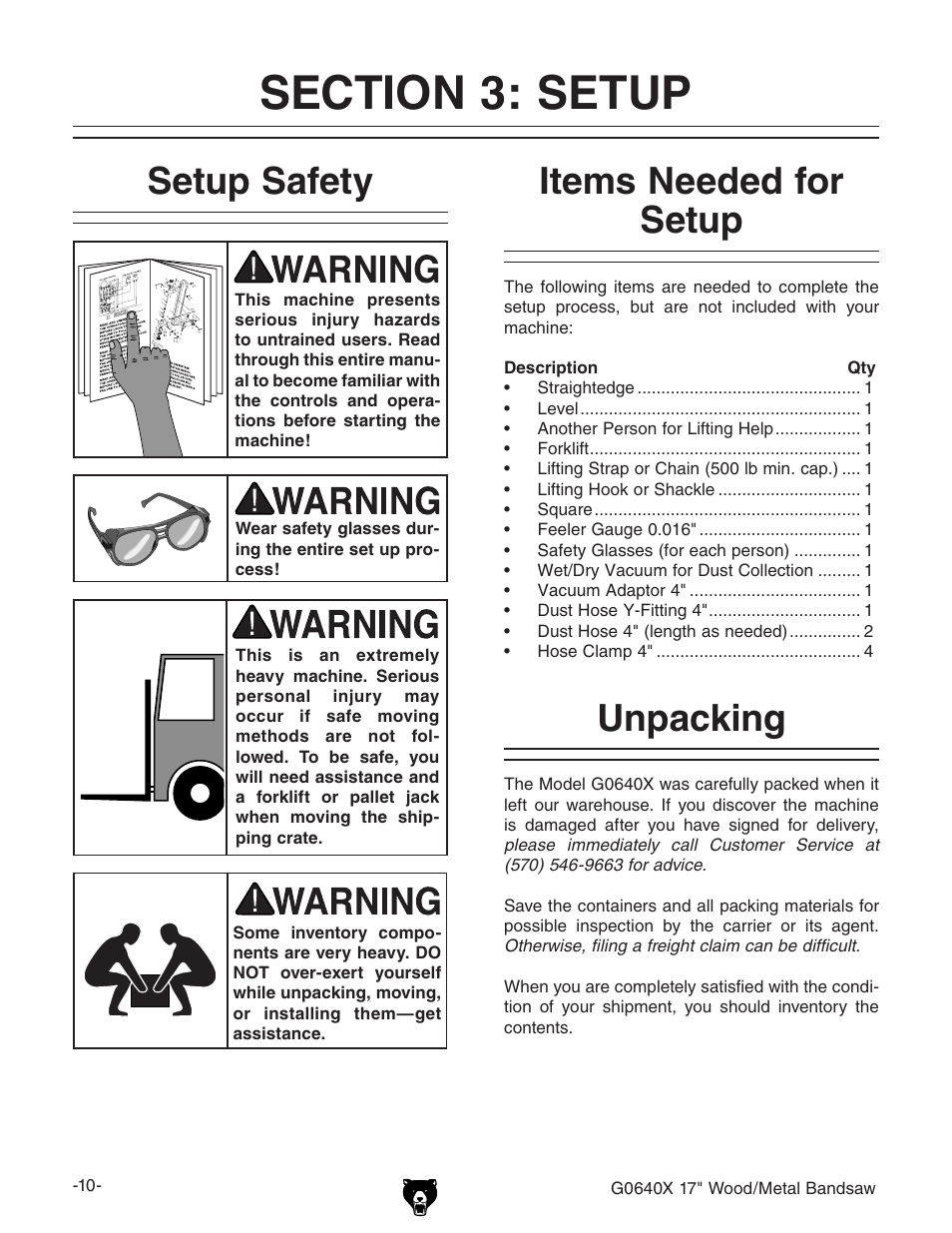 Setup safety, Items needed for setup, Unpacking | Grizzly G0640X User Manual | Page 12 / 64