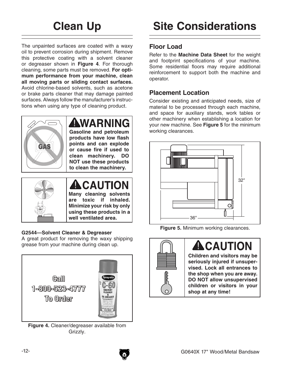 Clean up, Site considerations | Grizzly G0640X User Manual | Page 14 / 64