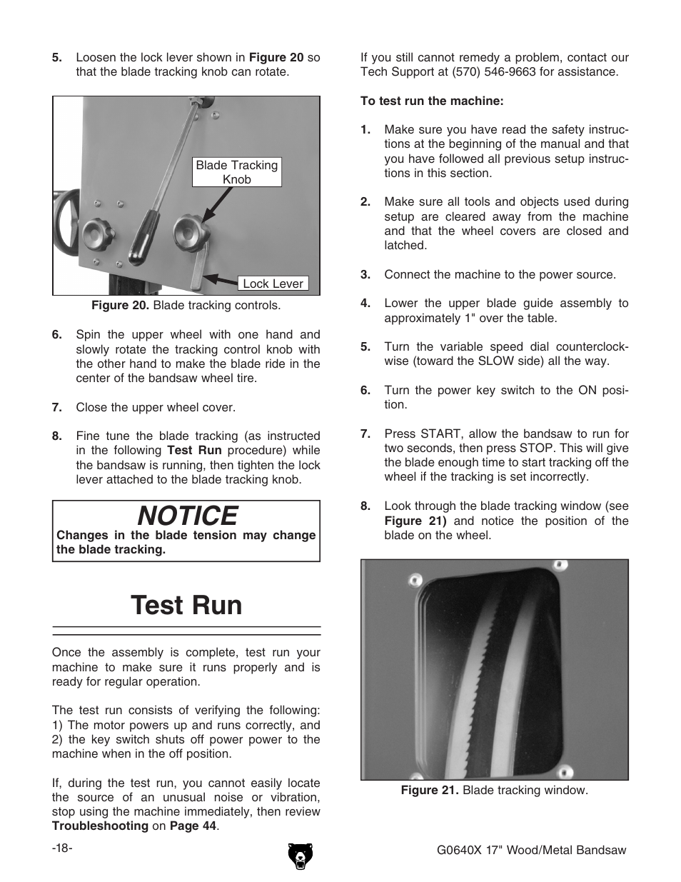 Notice, Test run | Grizzly G0640X User Manual | Page 20 / 64