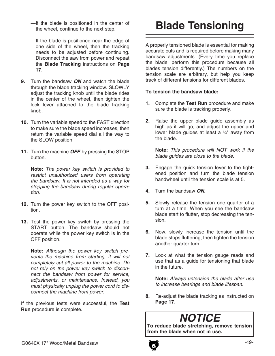 Blade tensioning notice | Grizzly G0640X User Manual | Page 21 / 64
