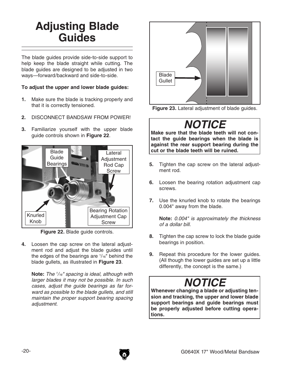 Adjusting blade guides, Notice | Grizzly G0640X User Manual | Page 22 / 64