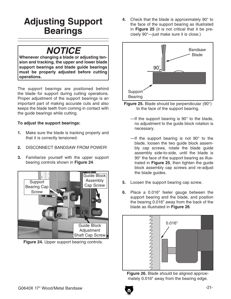 Notice, Adjusting support bearings | Grizzly G0640X User Manual | Page 23 / 64