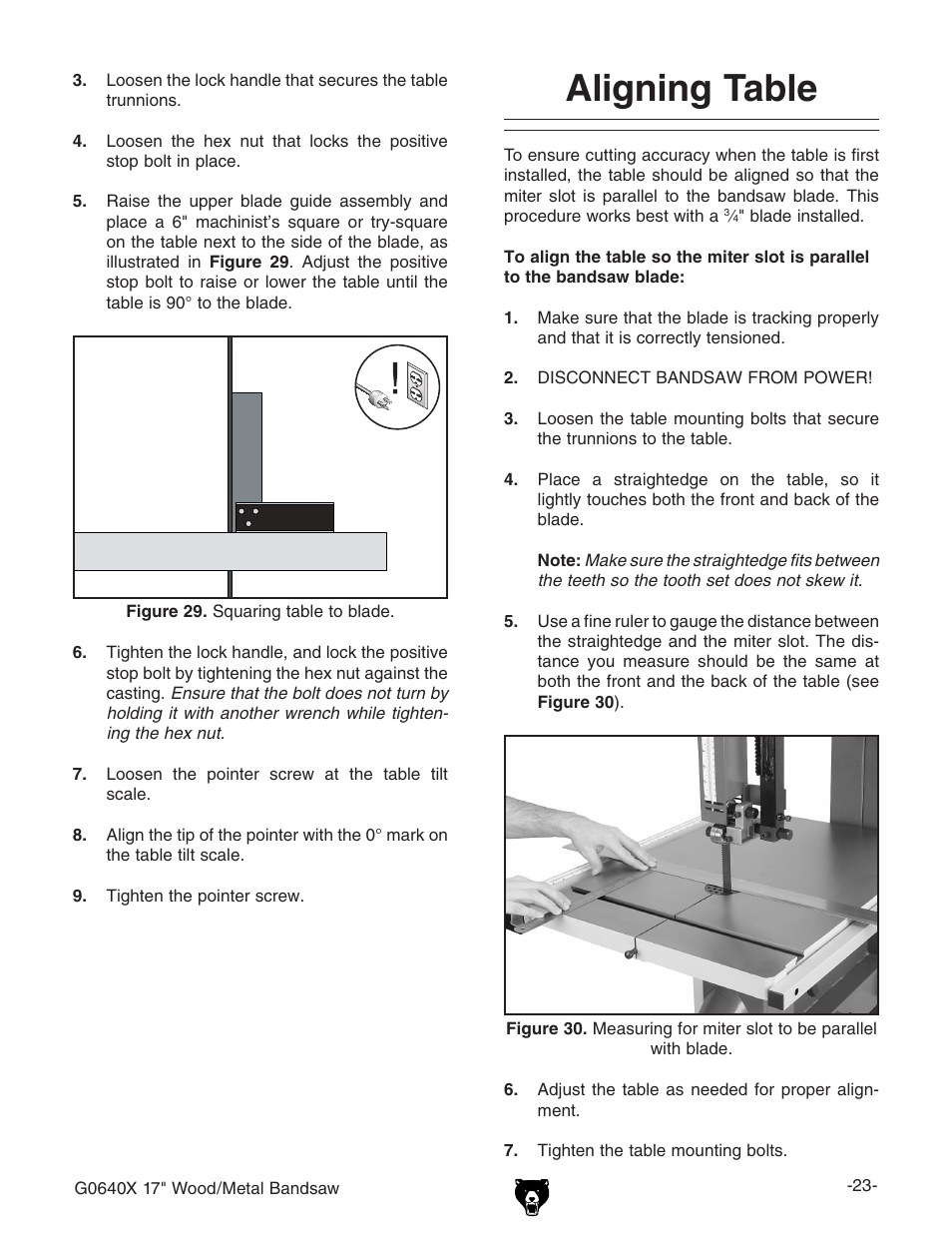 Aligning table | Grizzly G0640X User Manual | Page 25 / 64
