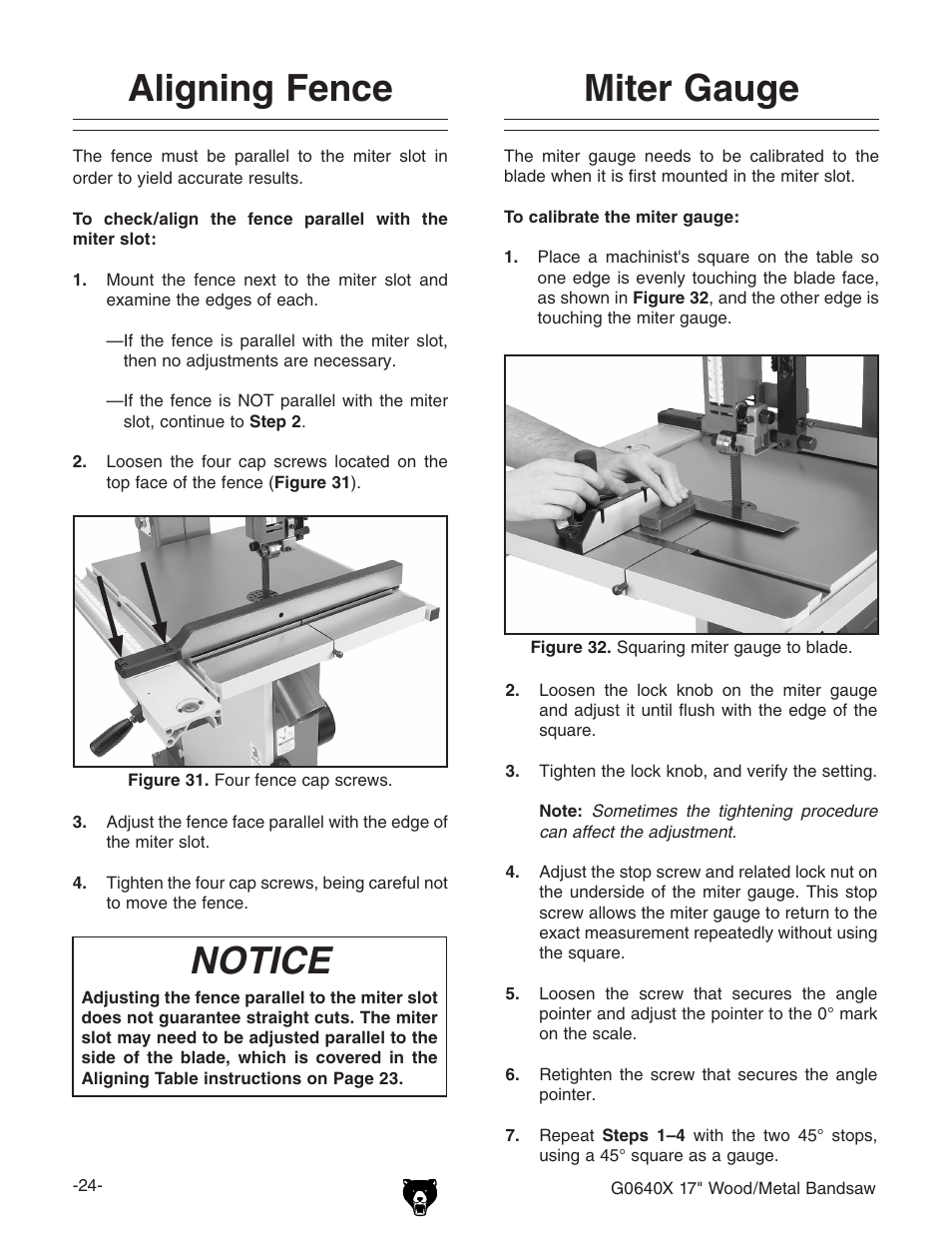 Notice, Aligning fence miter gauge | Grizzly G0640X User Manual | Page 26 / 64