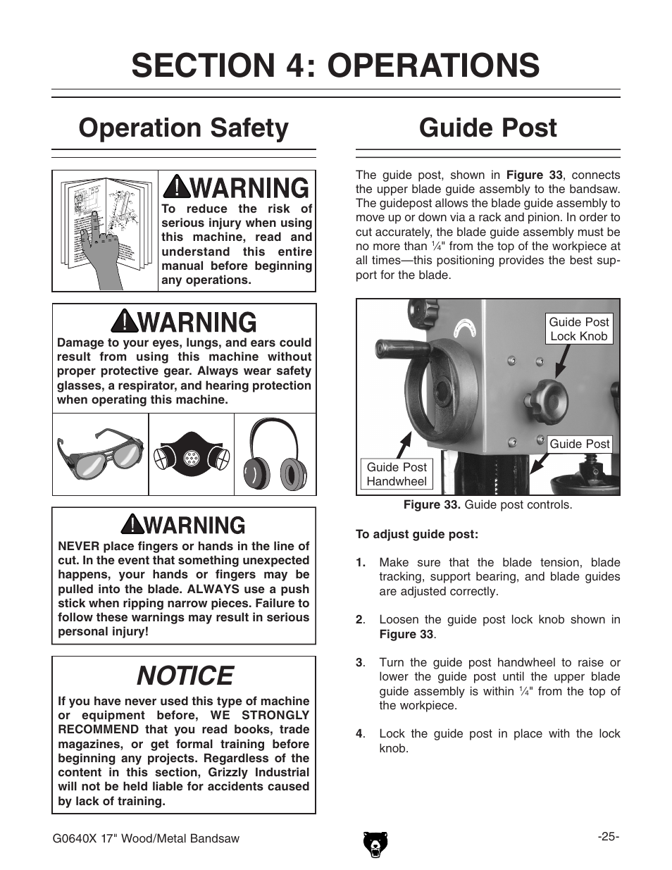 Notice, Operation safety, Guide post | Grizzly G0640X User Manual | Page 27 / 64