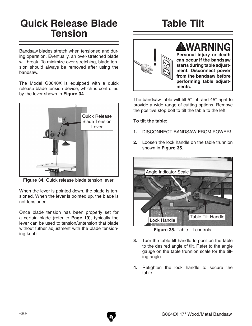 Table tilt, Quick release blade tension | Grizzly G0640X User Manual | Page 28 / 64