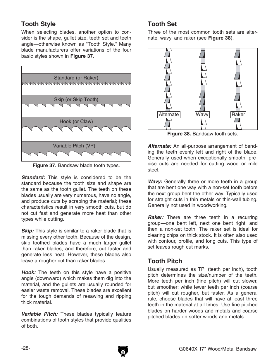 Tooth style, Tooth set, Tooth pitch | Grizzly G0640X User Manual | Page 30 / 64