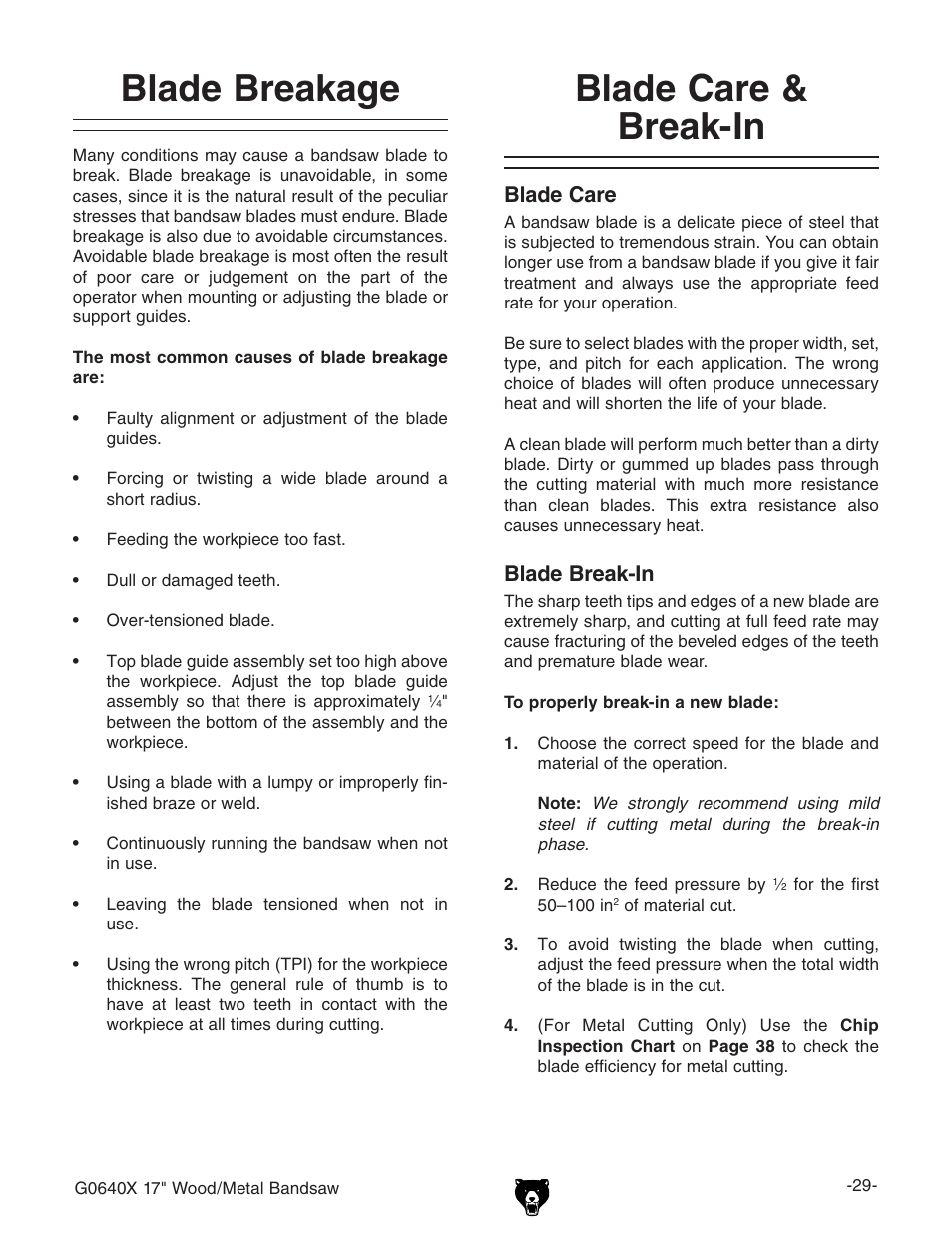 Blade breakage, Blade care & break-in | Grizzly G0640X User Manual | Page 31 / 64