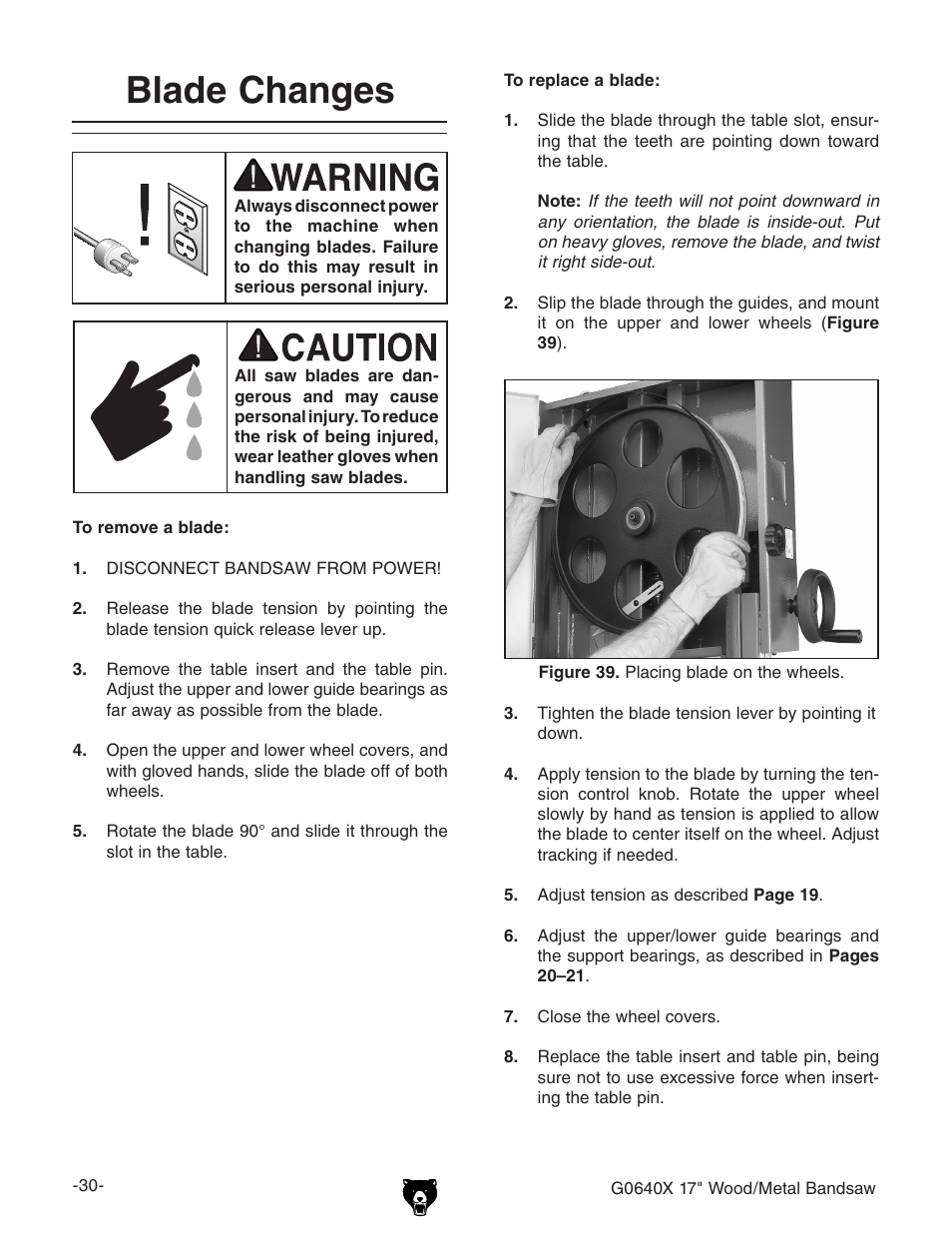 Blade changes | Grizzly G0640X User Manual | Page 32 / 64