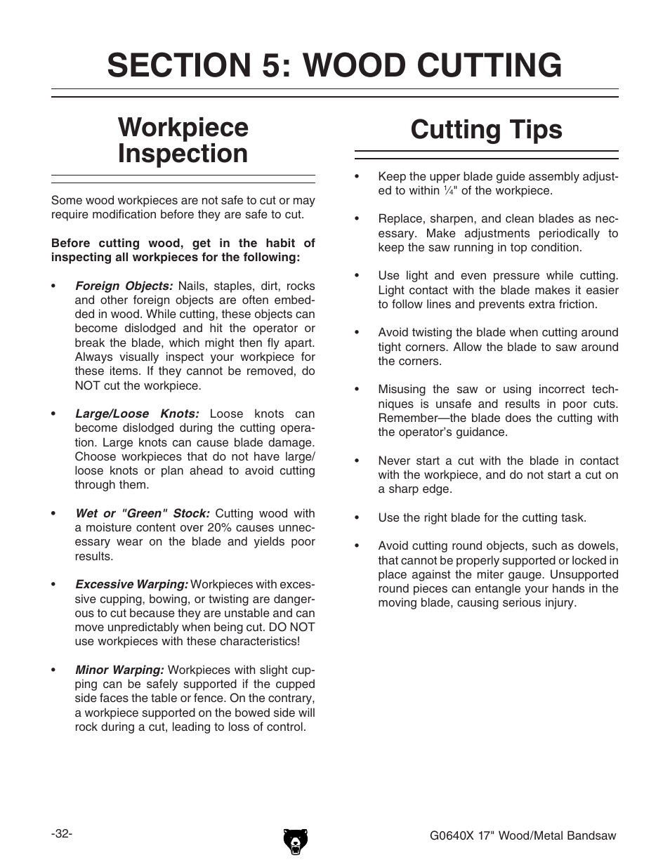 Workpiece inspection, Cutting tips | Grizzly G0640X User Manual | Page 34 / 64